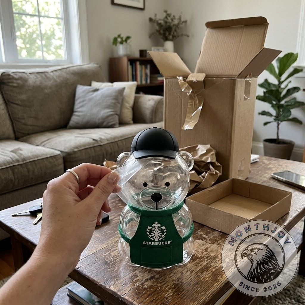 Transparent bear bottle showing Starbucks apron and facial details