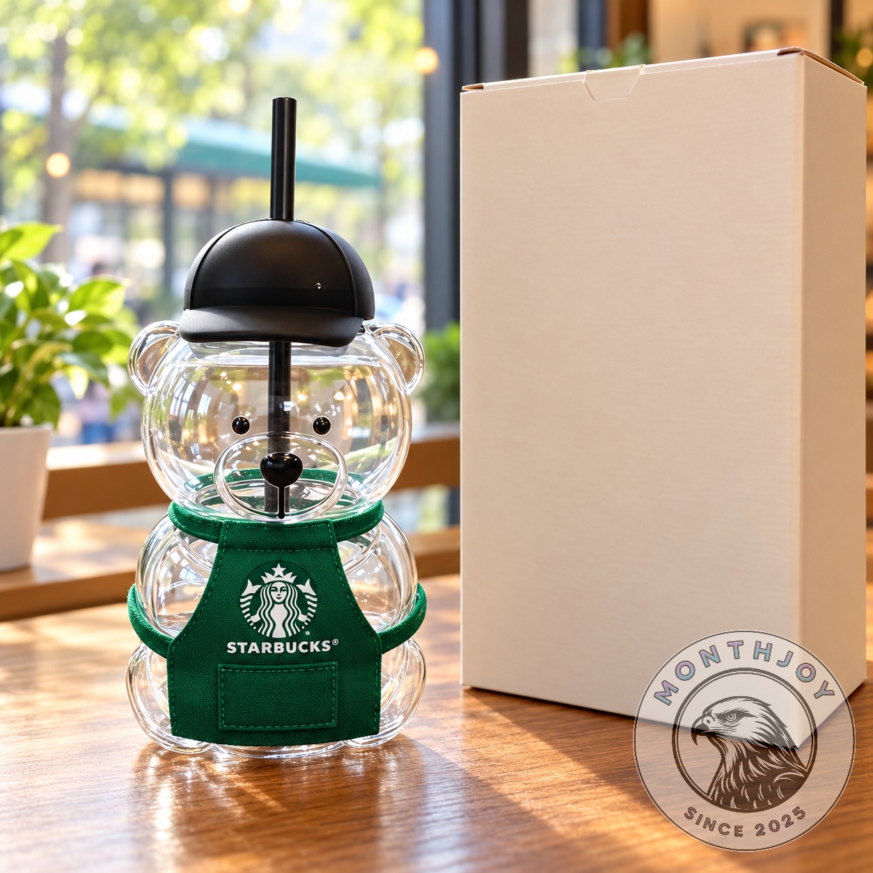 Starbucks bear-shaped apron bottle front view with black straw