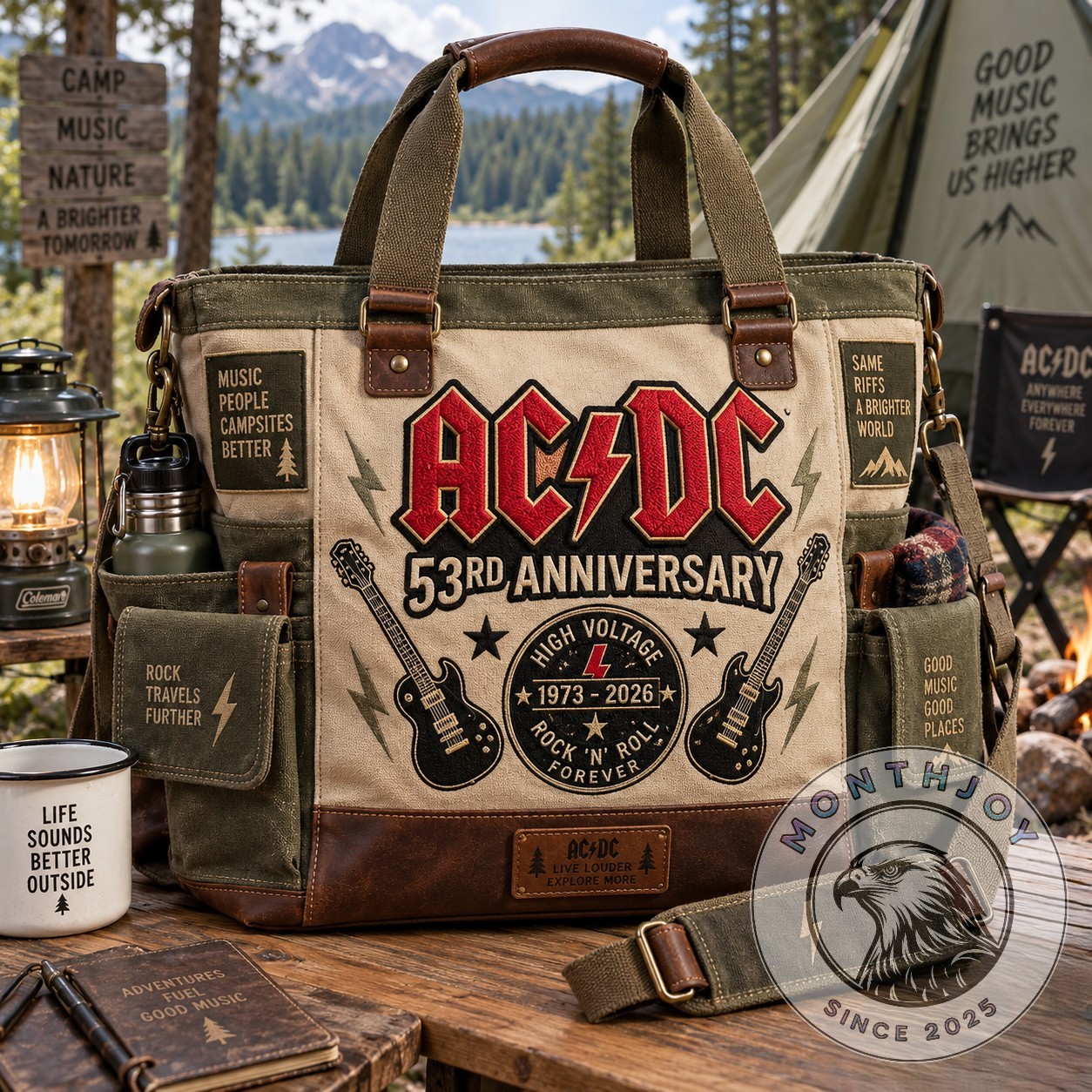 AC/DC 53rd Anniversary 2026 Tote Bag - front view with guitars and anniversary emblem