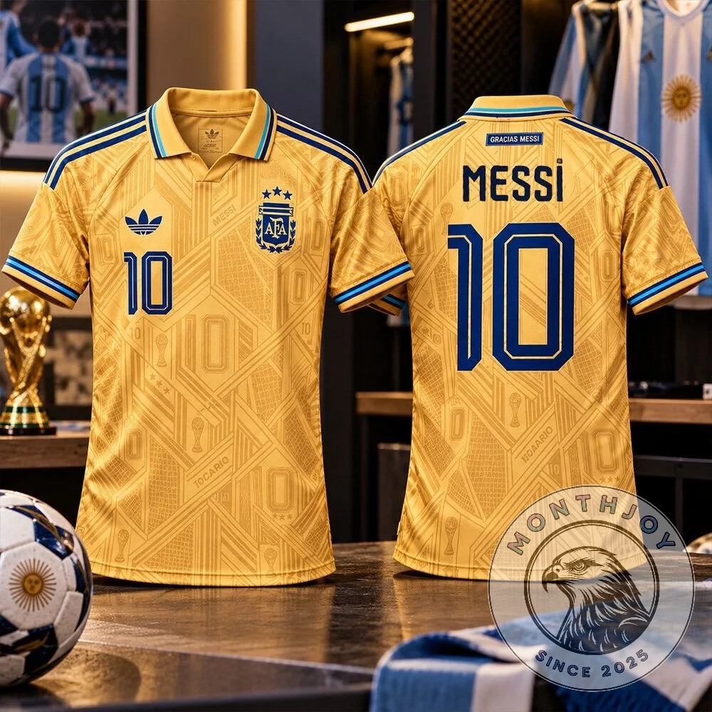 Adidas Argentina #10 GRACIAS Messi Gold Special Edition Tribute Soccer Jersey - front and back display