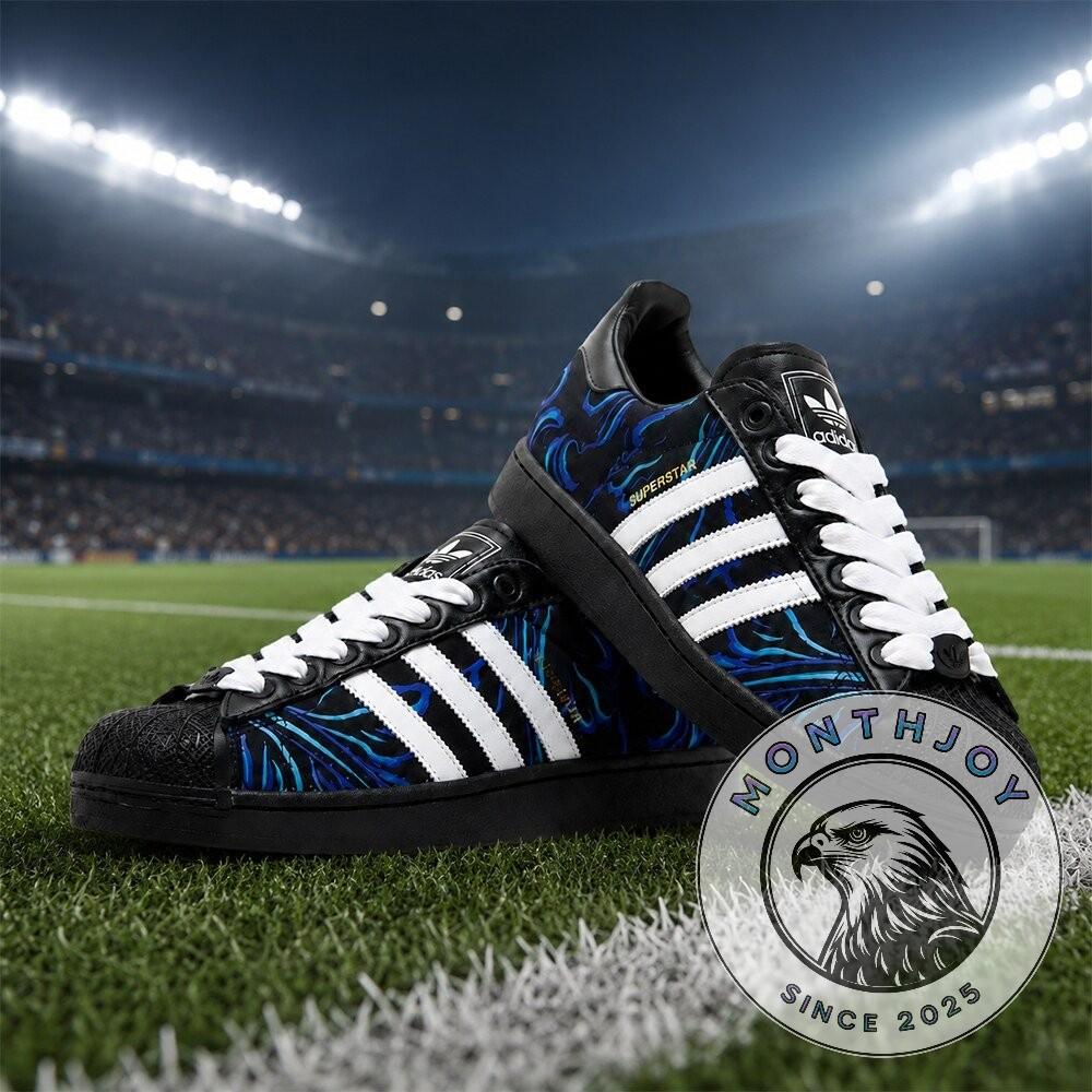 Adidas Blue Black Wavy Pattern Superstar Sneakers - Front View
