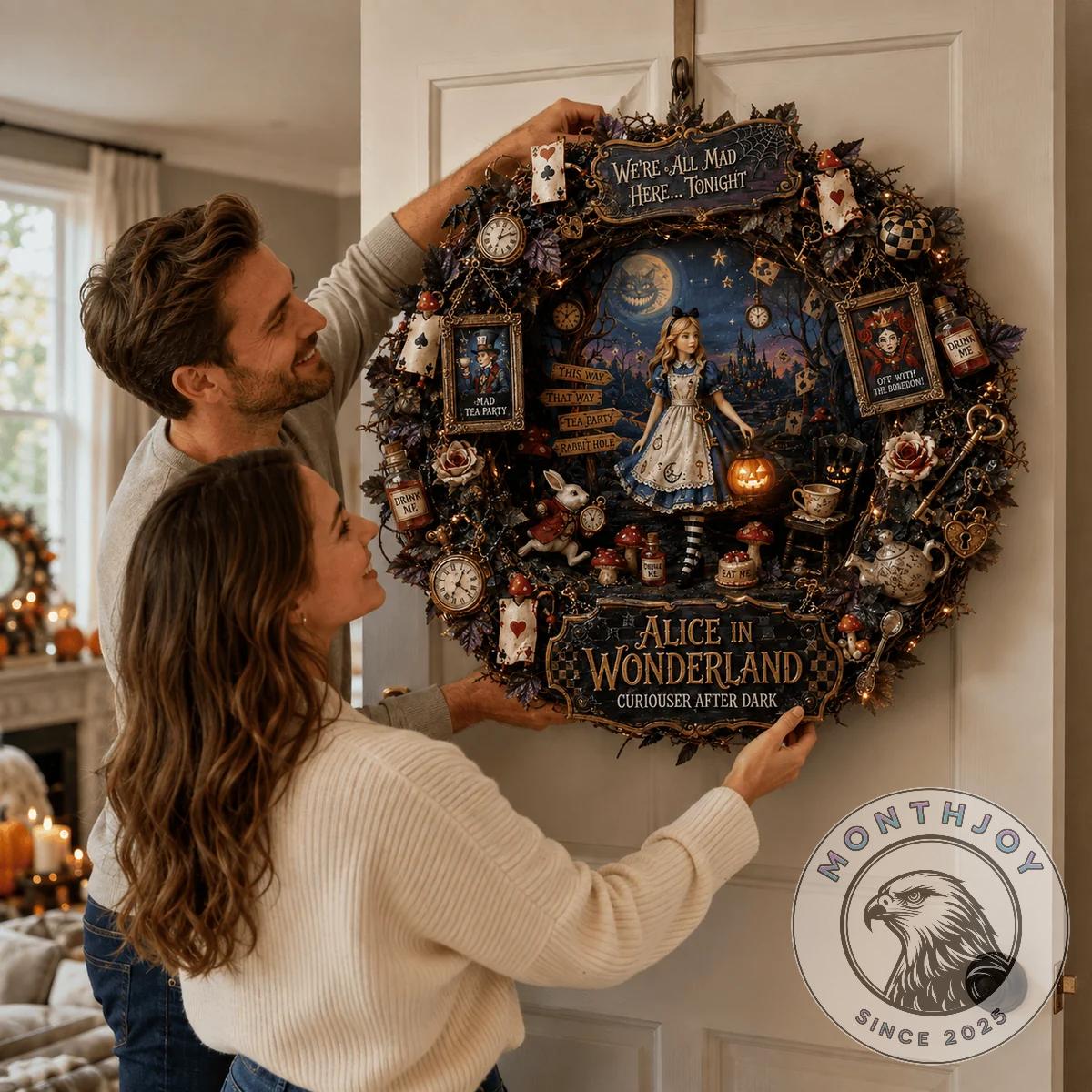 Alice in Wonderland Curiouser After Dark Decorative Wreath - close up of Alice and Mad Hatter scene