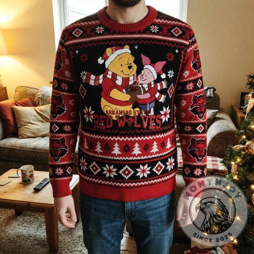Arkansas State Red Wolves Winnie the Pooh and Piglet Christmas Sweater - central character artwork