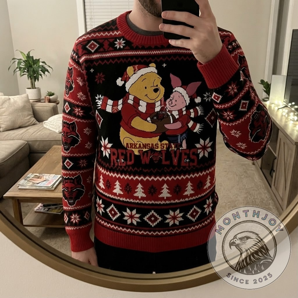 Arkansas State Red Wolves Winnie the Pooh and Piglet Christmas Sweater - sleeve Red Wolves pattern