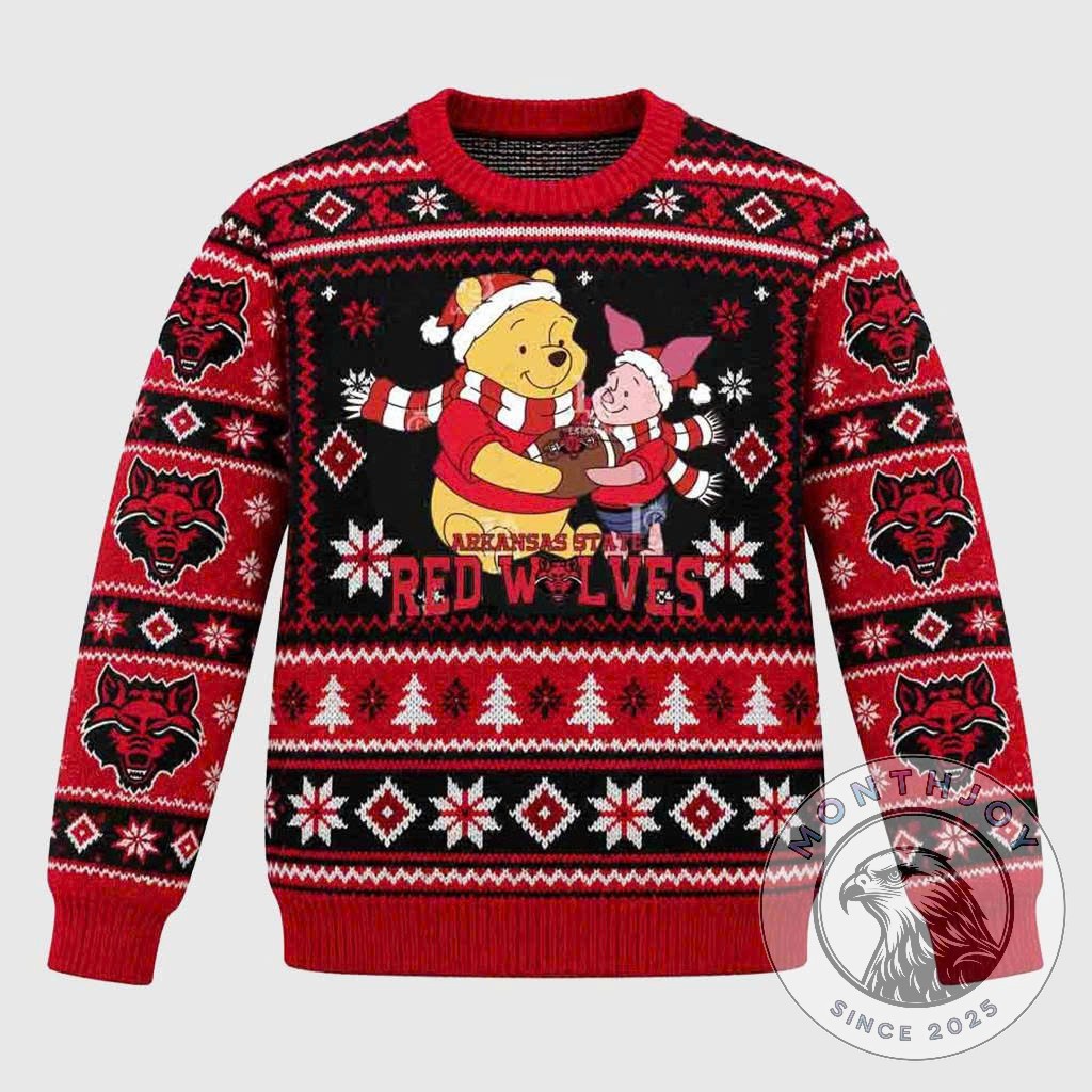 Arkansas State Red Wolves Winnie the Pooh and Piglet Christmas Sweater - front view