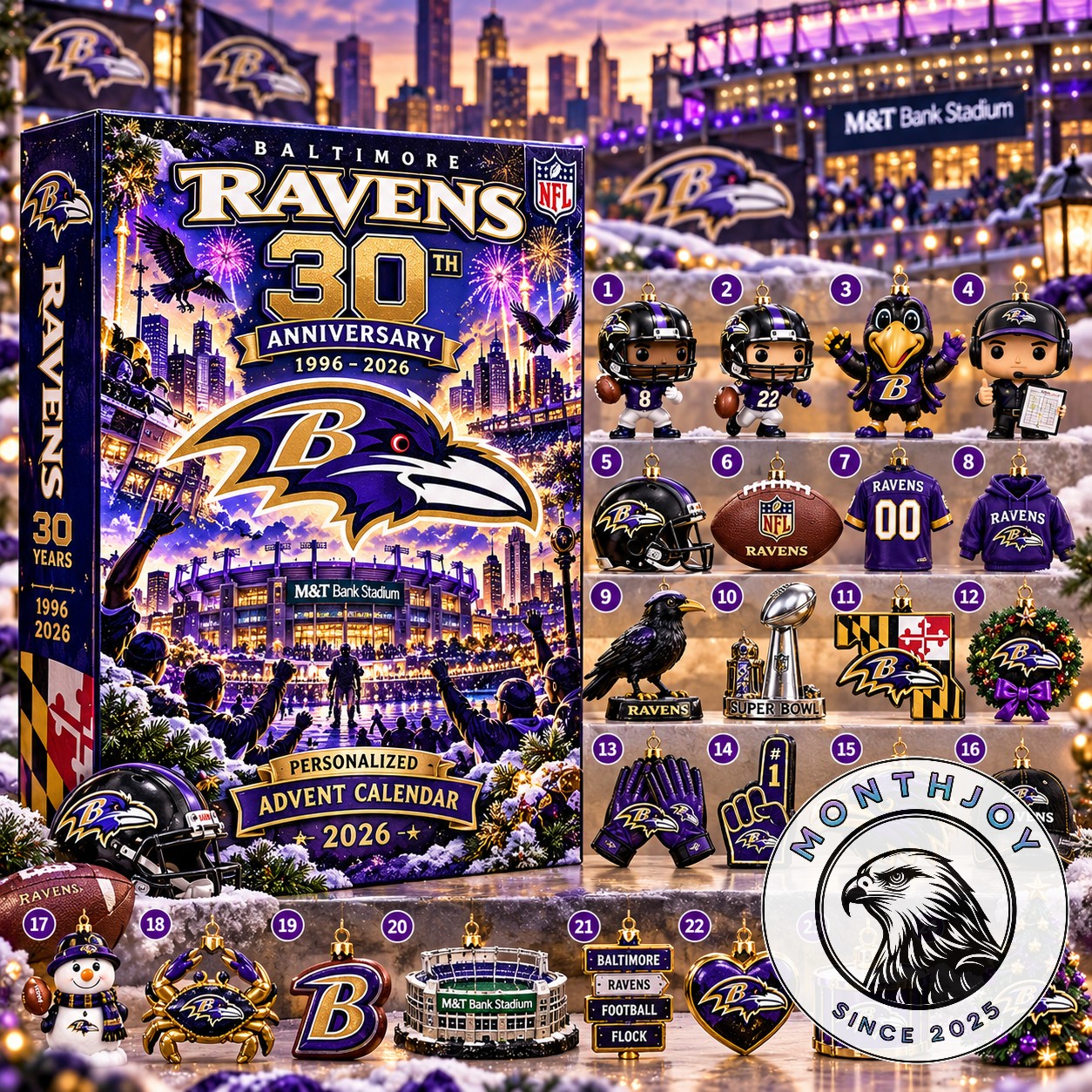 Baltimore Ravens 30th Anniversary 2026 Personalized Advent Calendar - front view with numbered ornaments