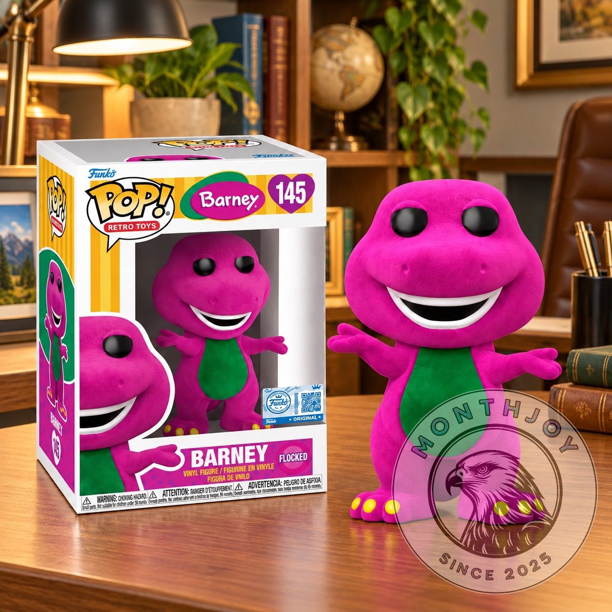 Barney The Dinosaur Barney Flocked Funko Pop - boxed figure beside front-facing character
