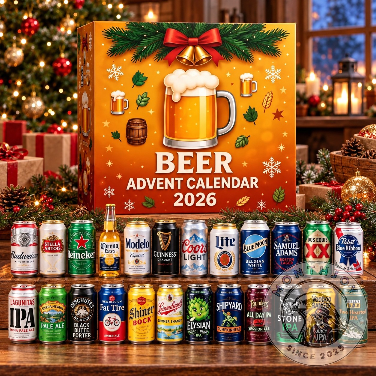 Beer Christmas 2026 Advent Calendar - front view with beer mug and Christmas decorations