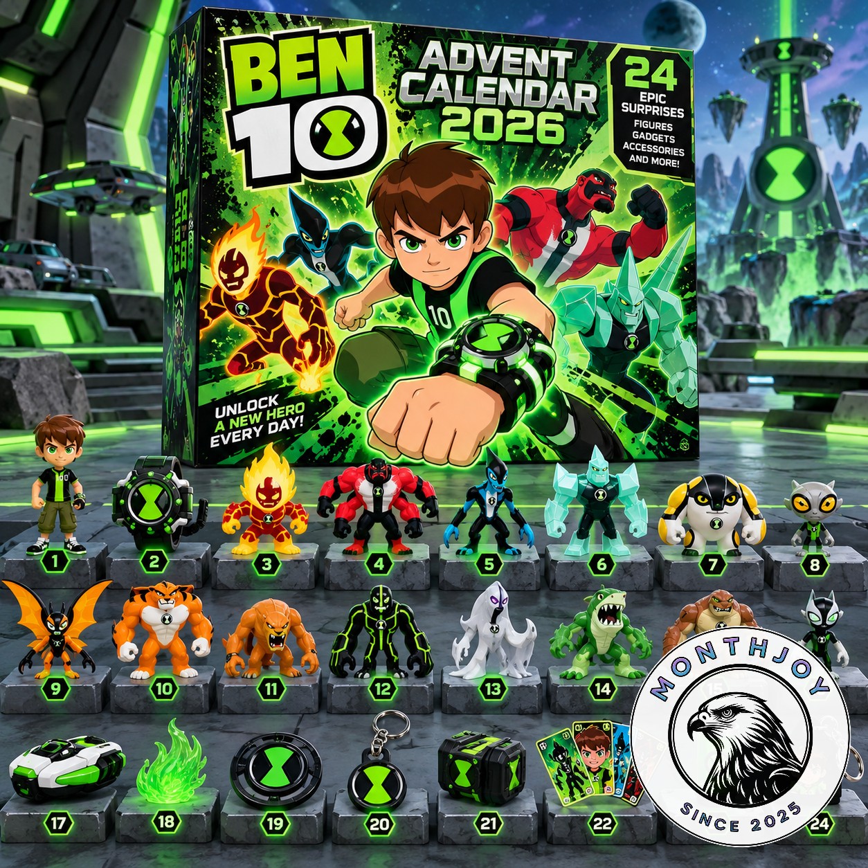 Ben 10 2026 24-Surprise Advent Calendar - front box with numbered figures and accessories
