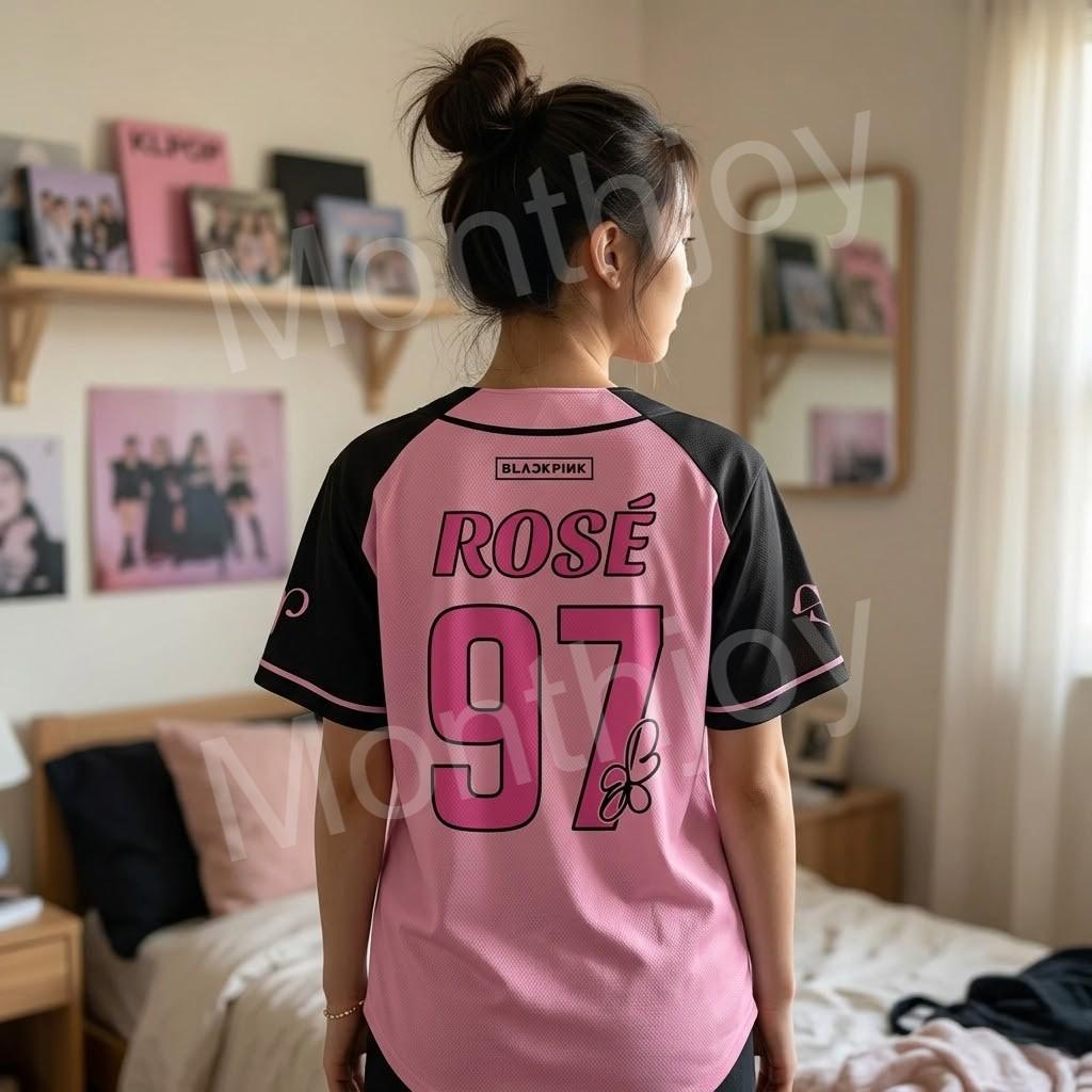 BLACKPINK 10th Anniversary Comeback Rose 97 Baseball Jersey - front view with group members