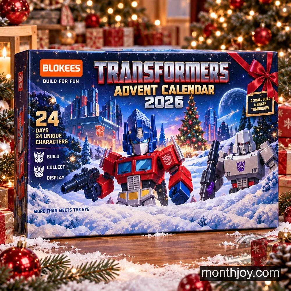 Blokees Transformers 2026 Advent Calendar - front box view with Optimus Prime and Decepticon figures