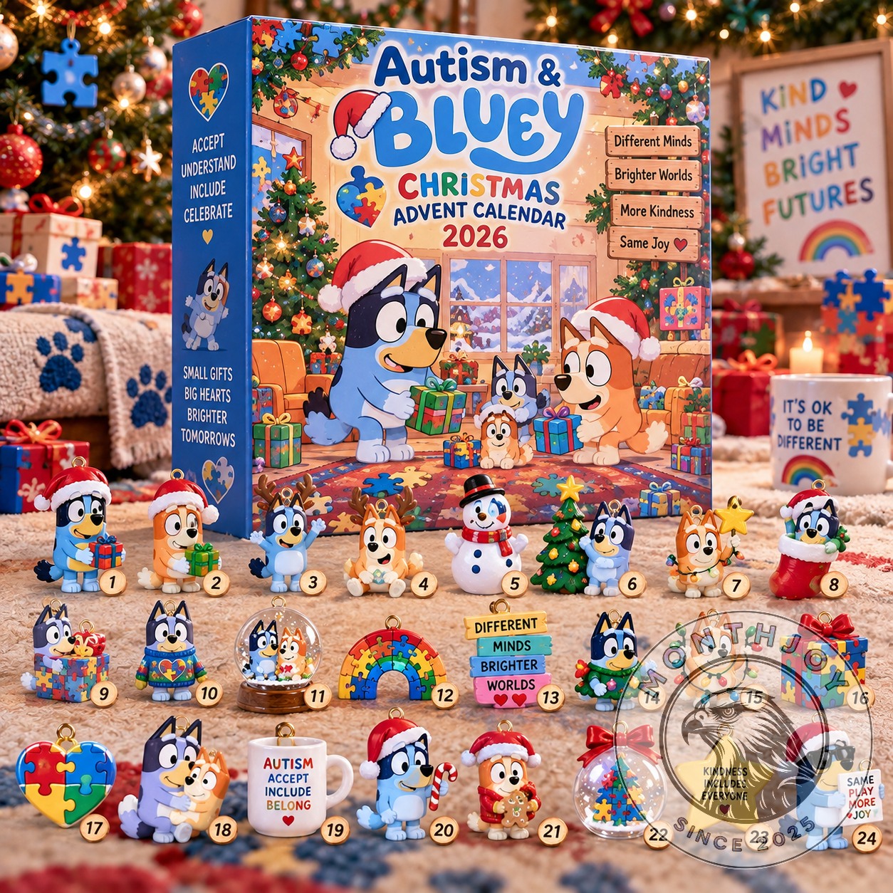 Bluey Autism Acceptance Christmas 2026 Advent Calendar - front box with numbered figurines