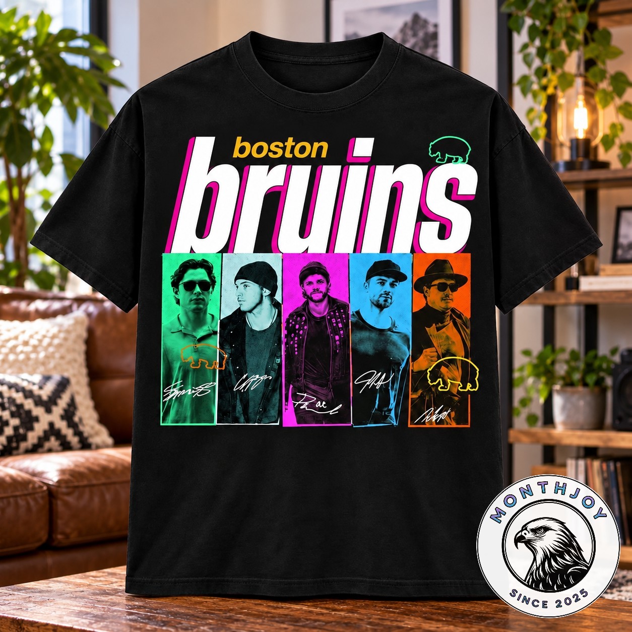 Boston Bruins Millennial Boy Band T-Shirt - front view with colorful five-panel portrait graphic