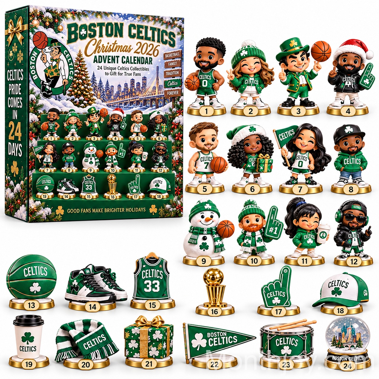 Boston Celtics Christmas 2026 Advent Calendar - front box and 24 collectible designs