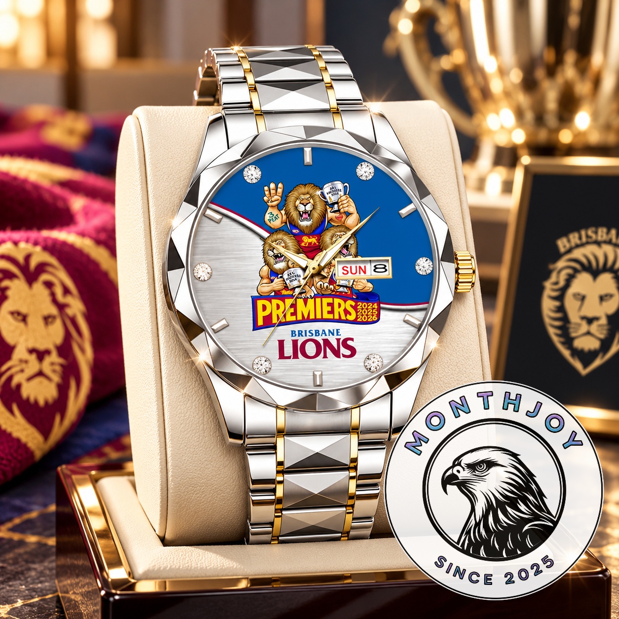 Brisbane Lions 2026 Premiers Watch - front view showing lion graphics and date window