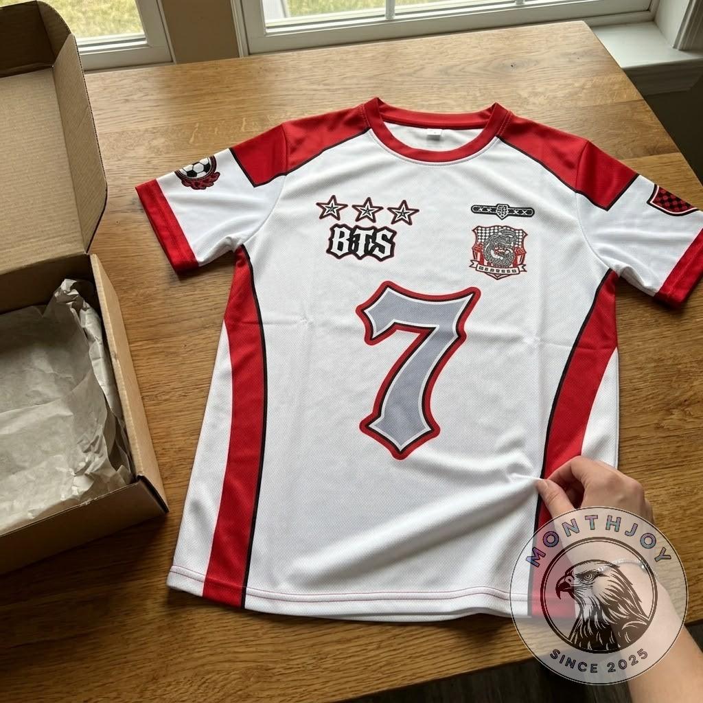 BTS Autographed Number 7 Fan Soccer Jersey - close-up front with band members