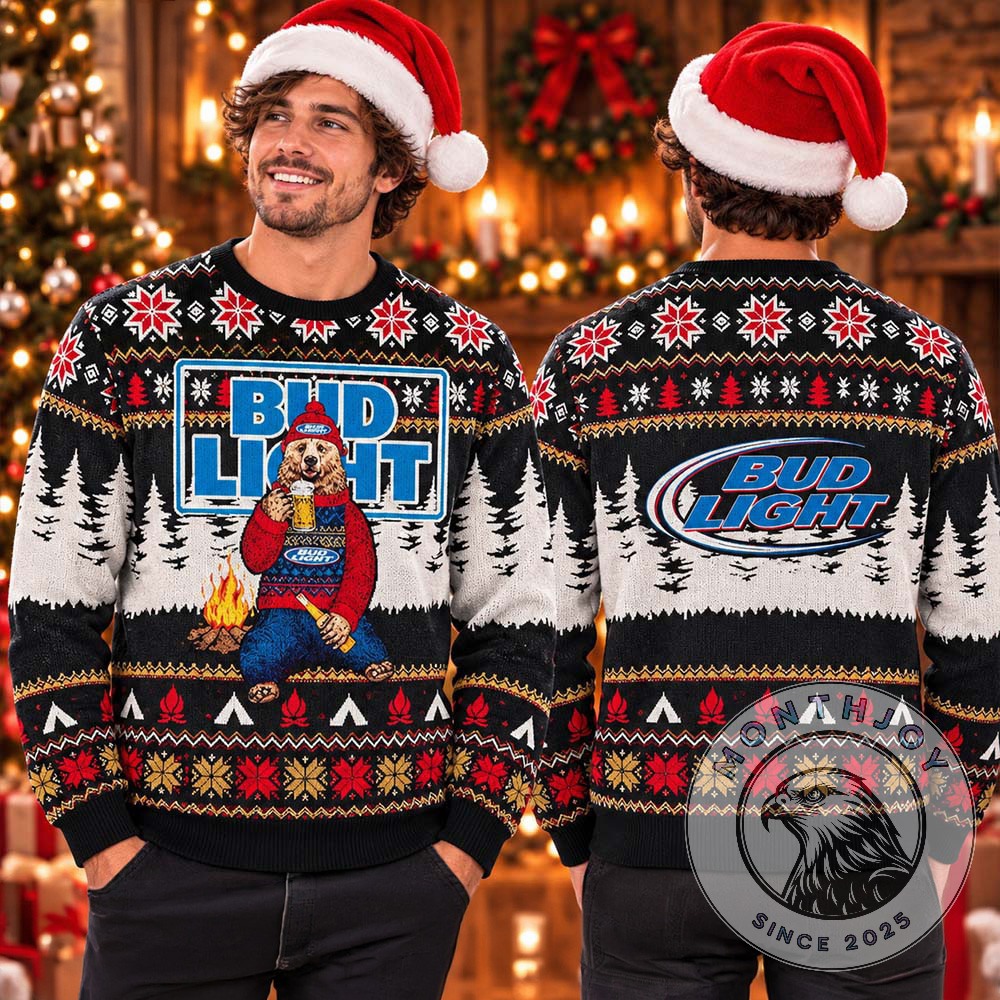 Bud Light Bear Drinking Beer Christmas Ugly Sweater 2026 - front and back view