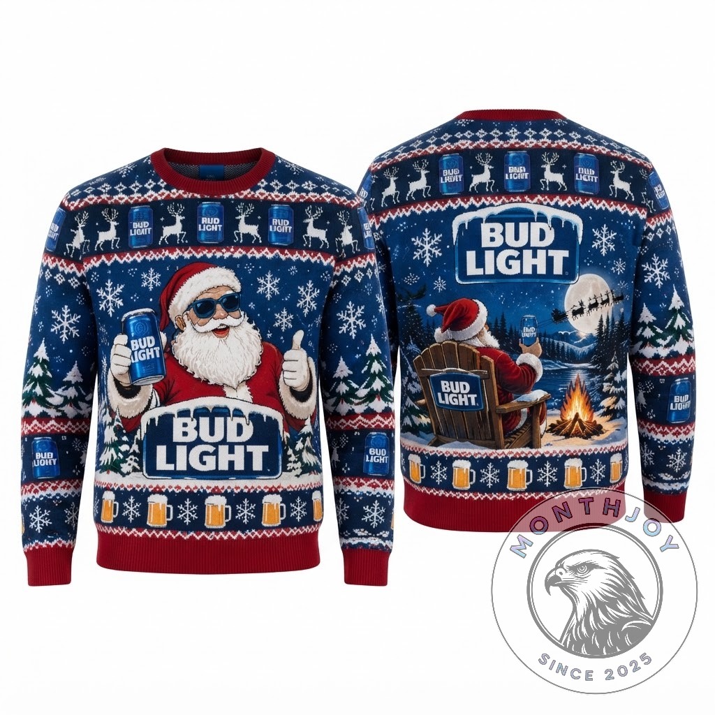 Bud Light Christmas Santa Ugly Christmas Sweater 2026 - front view showing Santa holding Bud Light