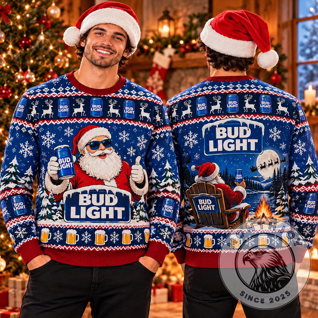 Bud Light Christmas Santa Ugly Christmas Sweater 2026 - front and back views with Santa graphics