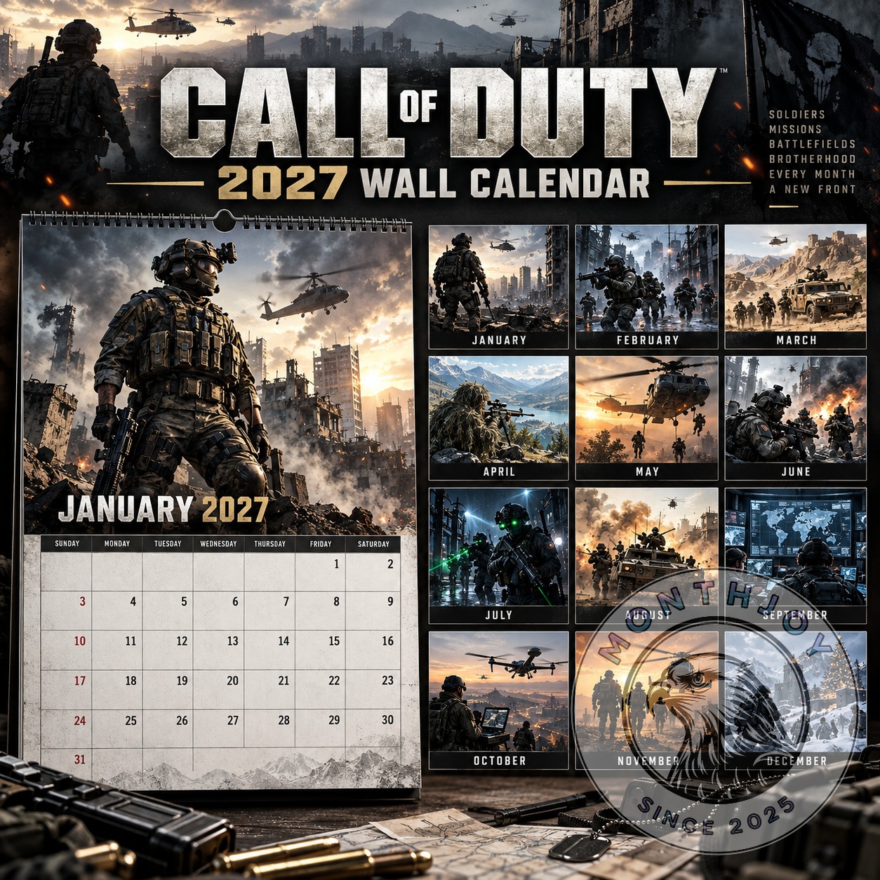 Call of Duty 2027 Military Combat Wall Calendar - full front view with monthly panels