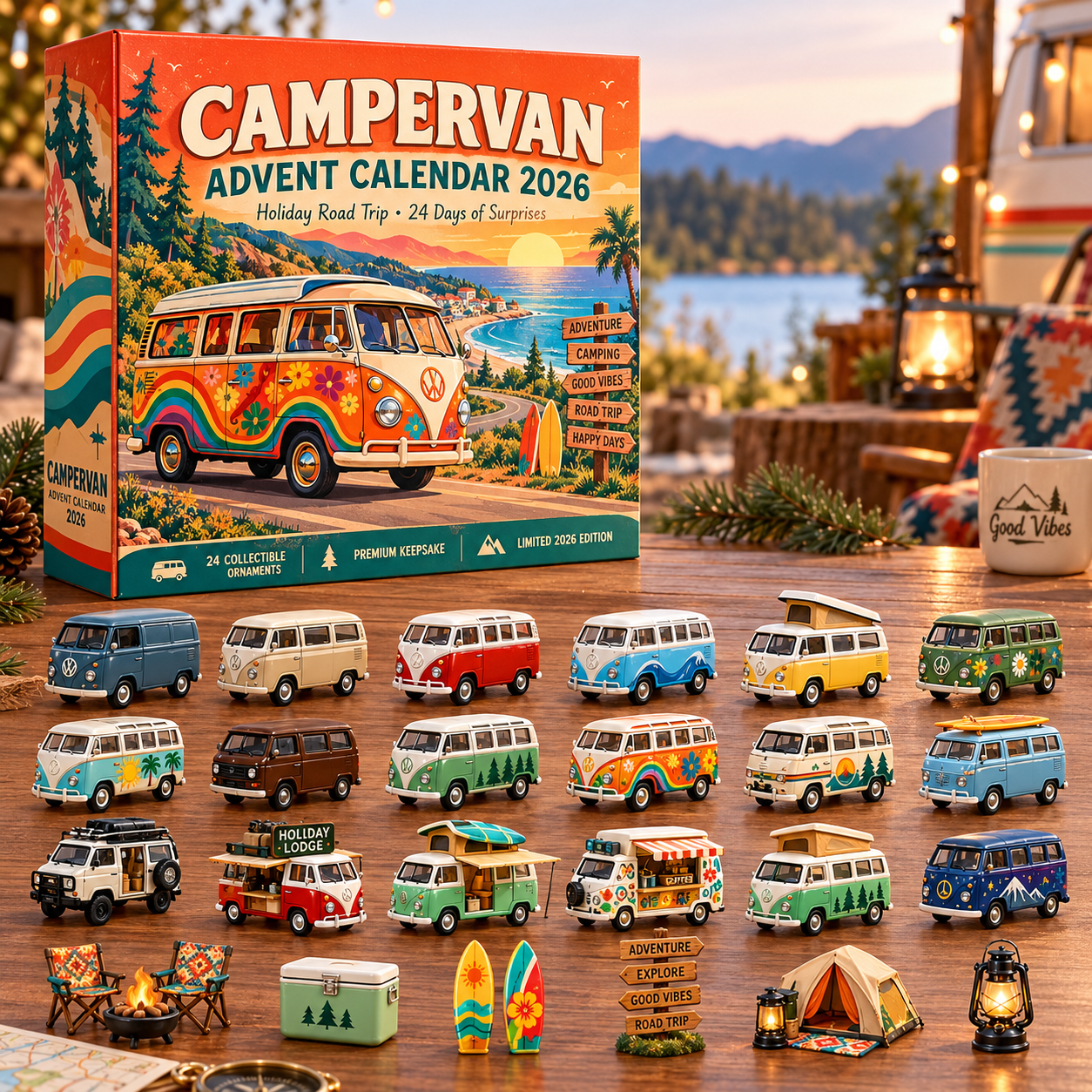 Campervan Holiday Road Trip 2026 Advent Calendar - front box with collectible campervan ornaments