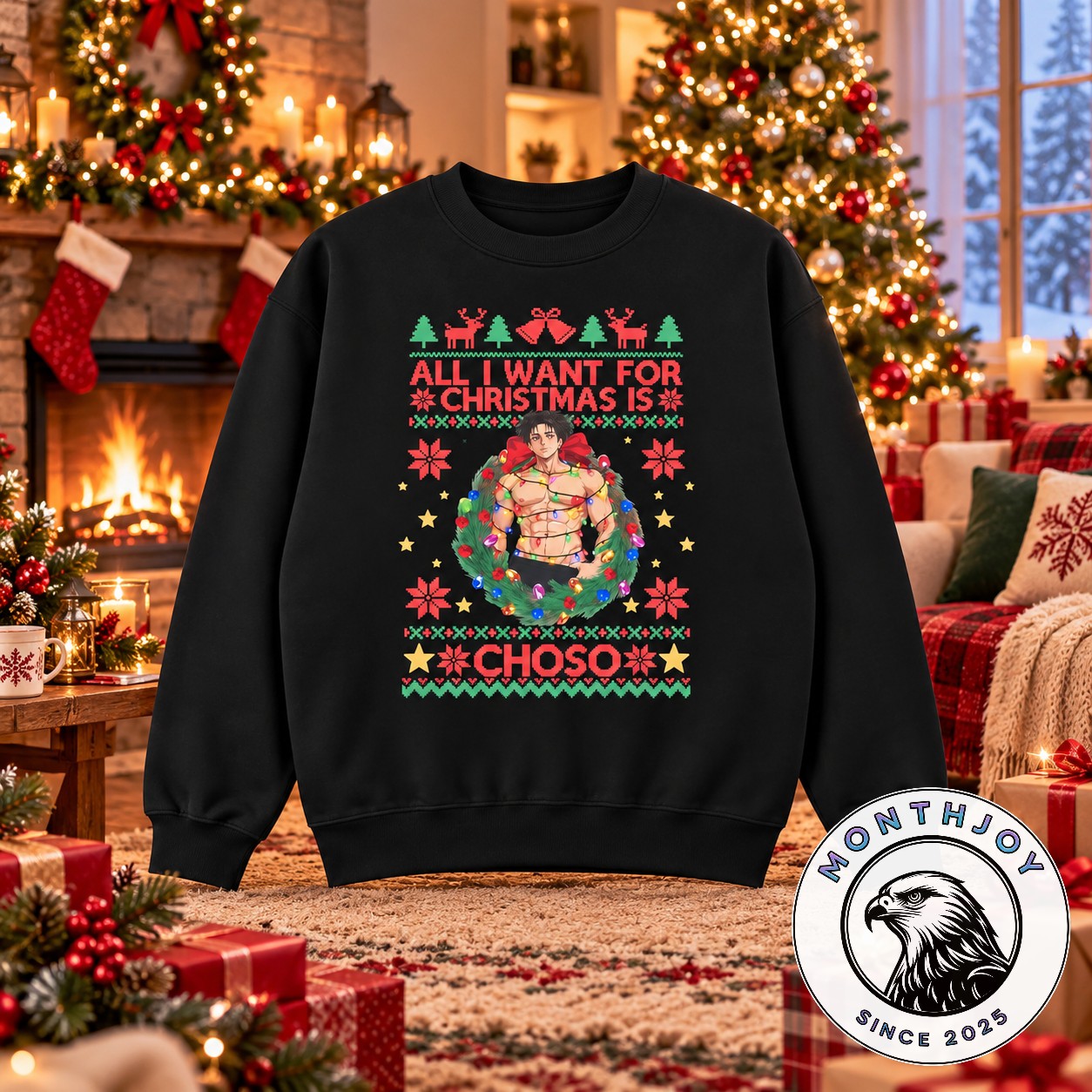 Choso All I Want for Christmas Ugly Christmas 2026 Sweatshirt - front view with Christmas character graphic