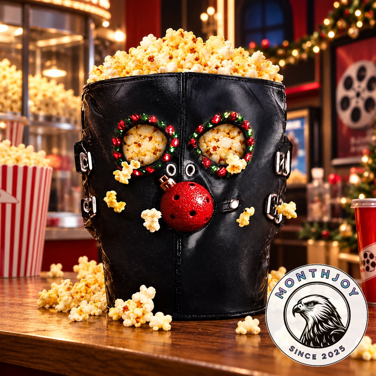 Christmas at the Kringles Movie Parody Mask Popcorn Bucket - front view filled with popcorn