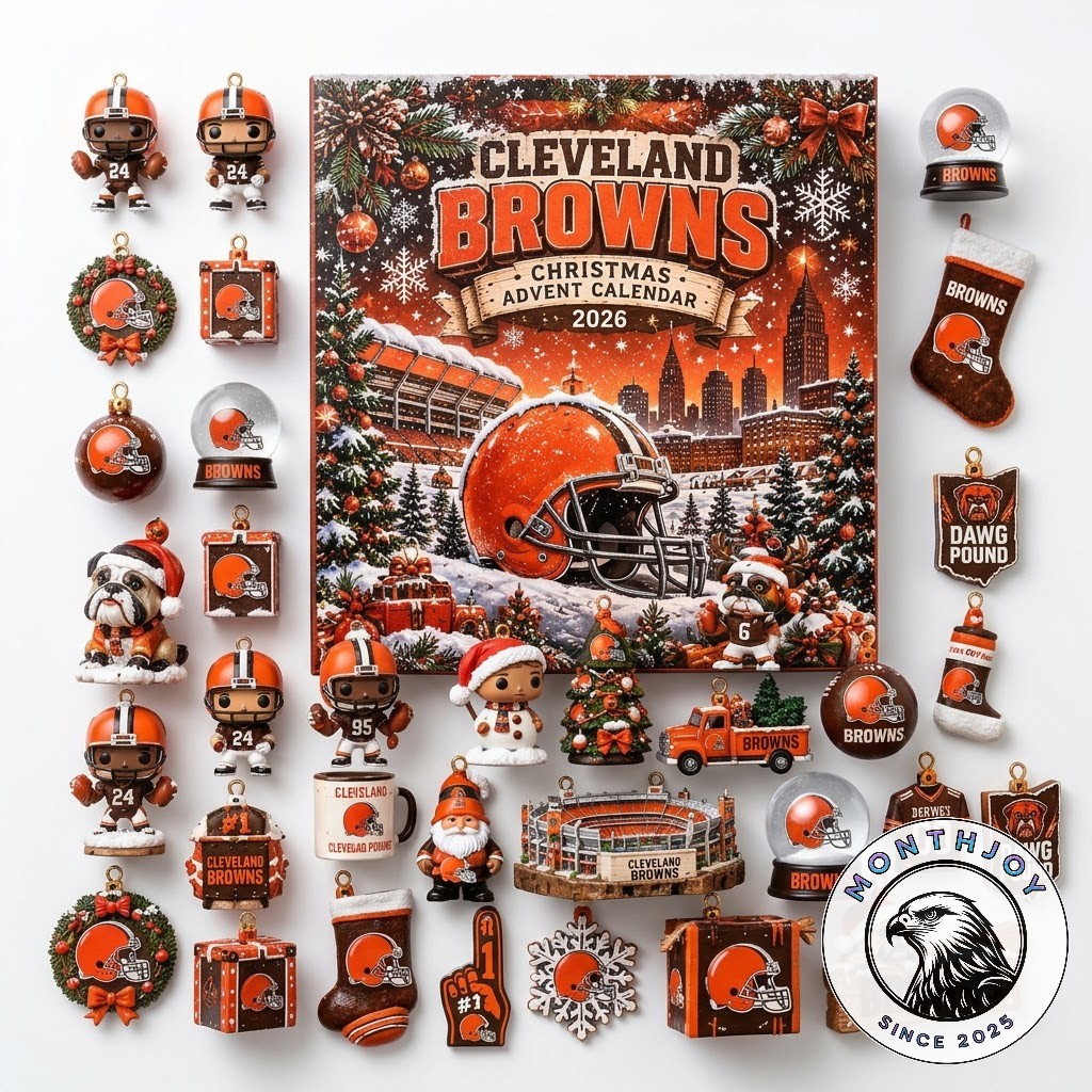 Cleveland Browns Christmas Advent Calendar 2026 - box surrounded by miniature football ornaments