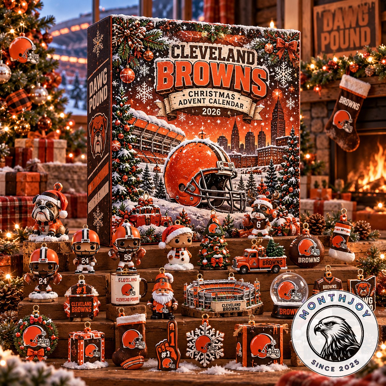 Cleveland Browns Christmas Advent Calendar 2026 - front box view with holiday football artwork