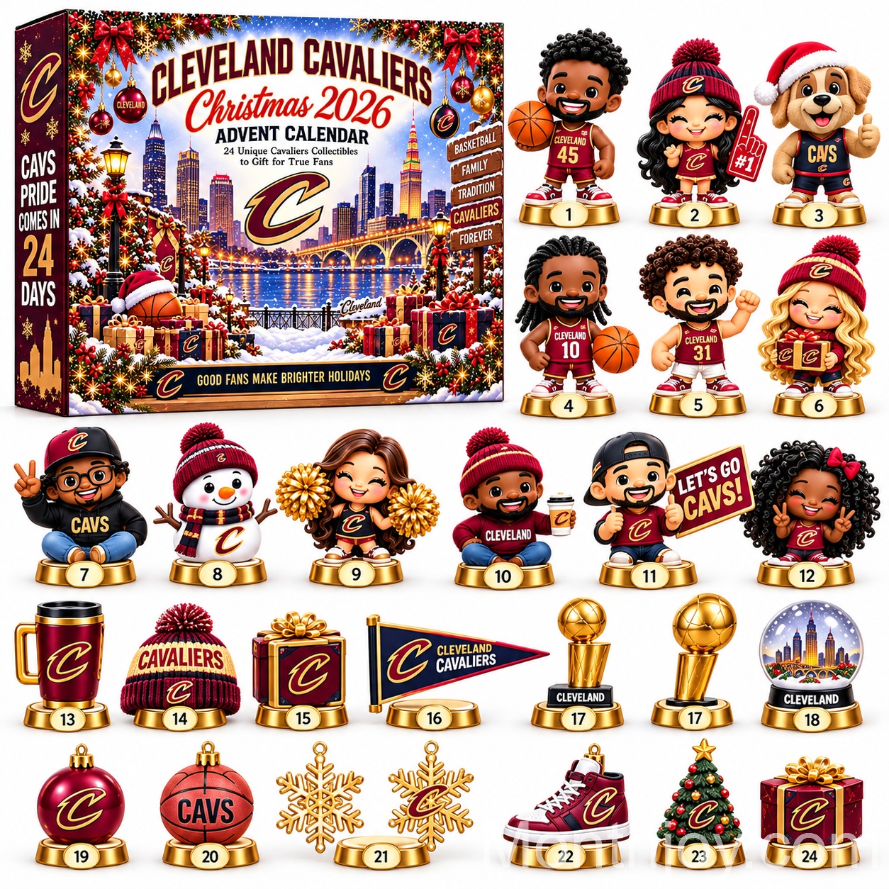 Cleveland Cavaliers Christmas 2026 Advent Calendar - front box and 24 collectible designs