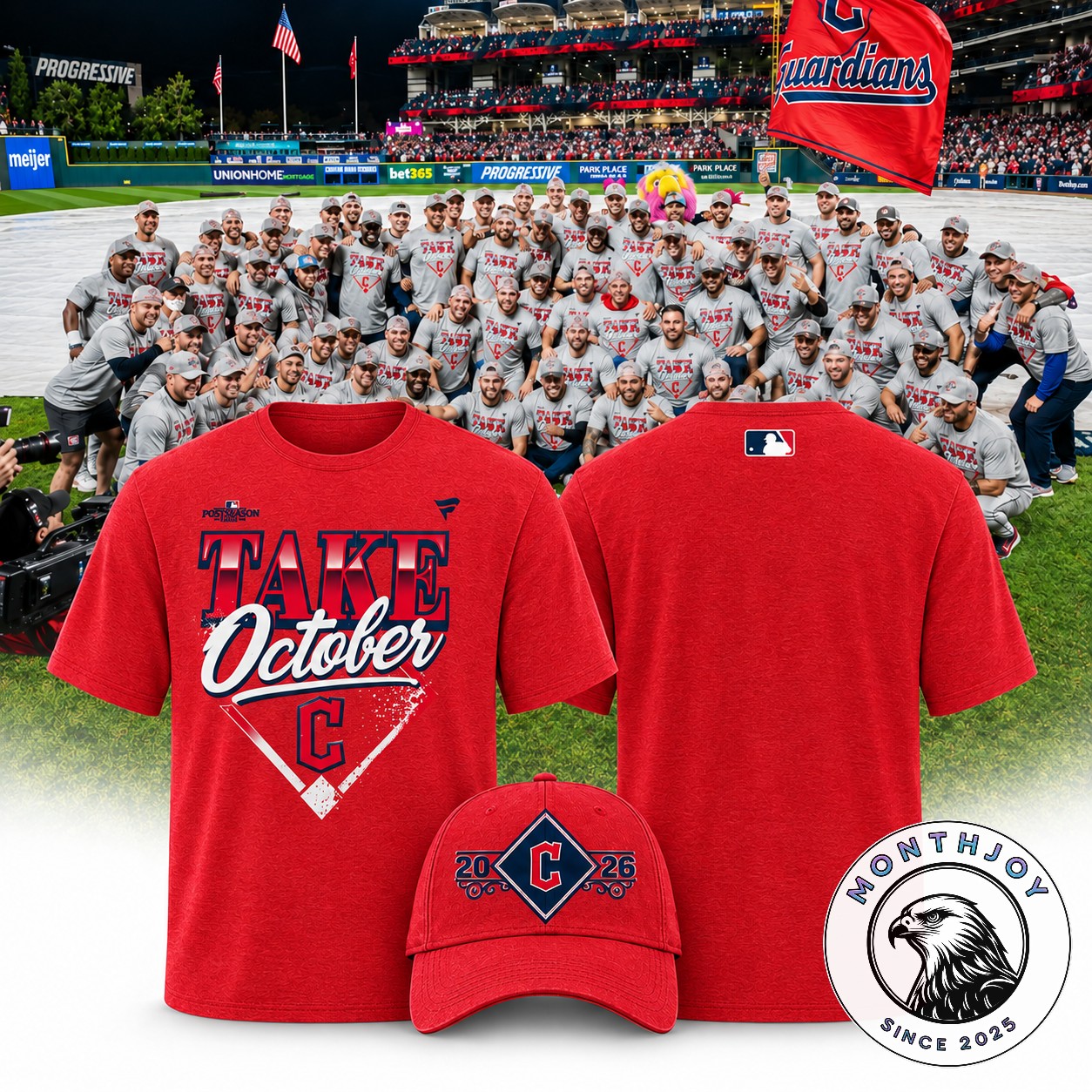 Cleveland Guardians 2026 Take October T-Shirt and Cap - front and back shirt views with matching cap