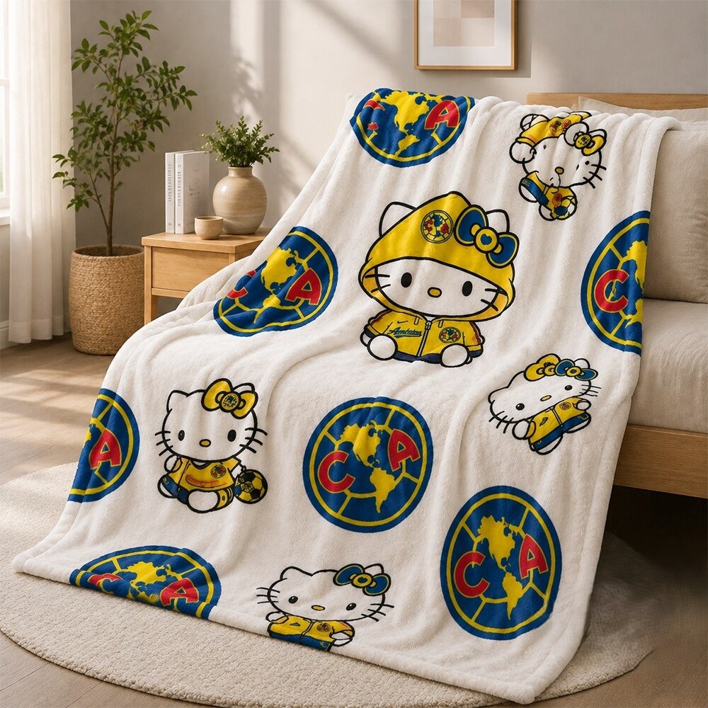 Club America Hello Kitty Collaboration Blanket - close-up on the upper left section draped on a sofa