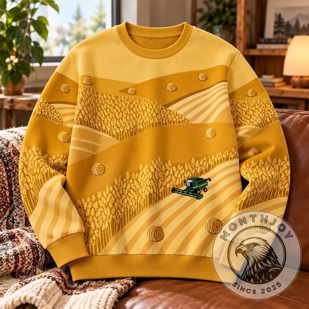 Combine Harvester Wheat Field Landscape Crewneck Sweatshirt - front view with all-over farm pattern