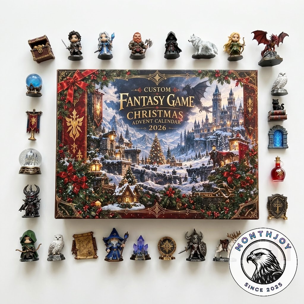 Custom Fantasy Game 2026 Christmas Advent Calendar - box surrounded by miniature fantasy accessories