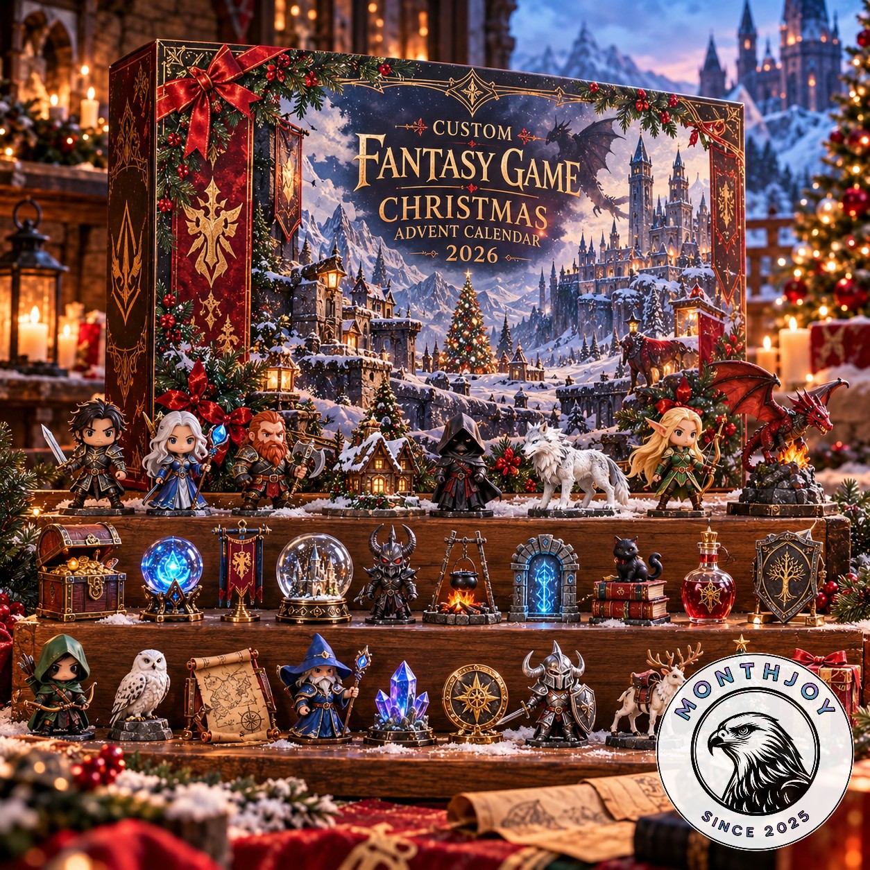 Custom Fantasy Game 2026 Christmas Advent Calendar - front view with fantasy figures displayed