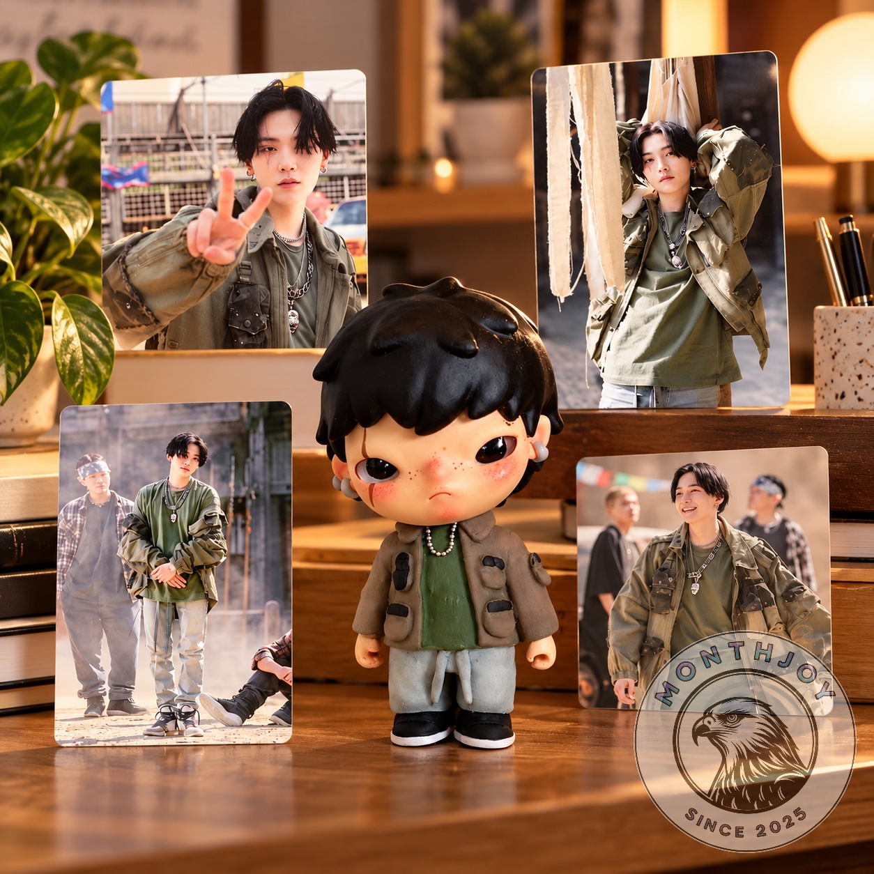Daechwita Yoongi SUGA BTS Inspired Chibi Figure 2026 - front view with surrounding portrait cards