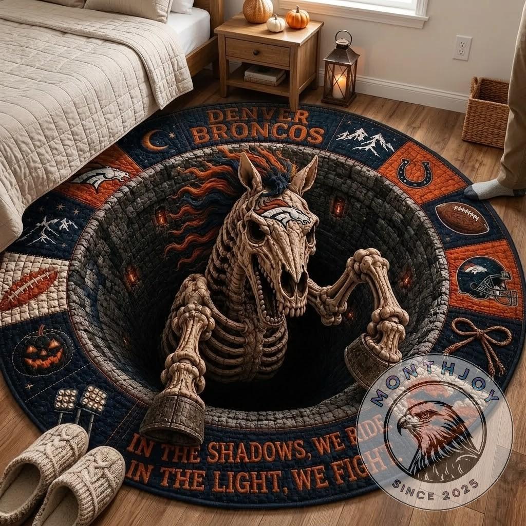 Denver Broncos Halloween 2026 Skeleton Horse Round Quilted Rug - upper left segment showing team logo