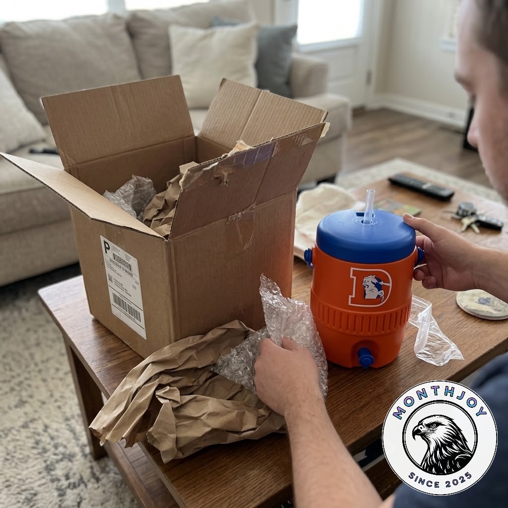 Denver Broncos Throwback Sideline Mini Cooler Cup - close view of blue lid and straw