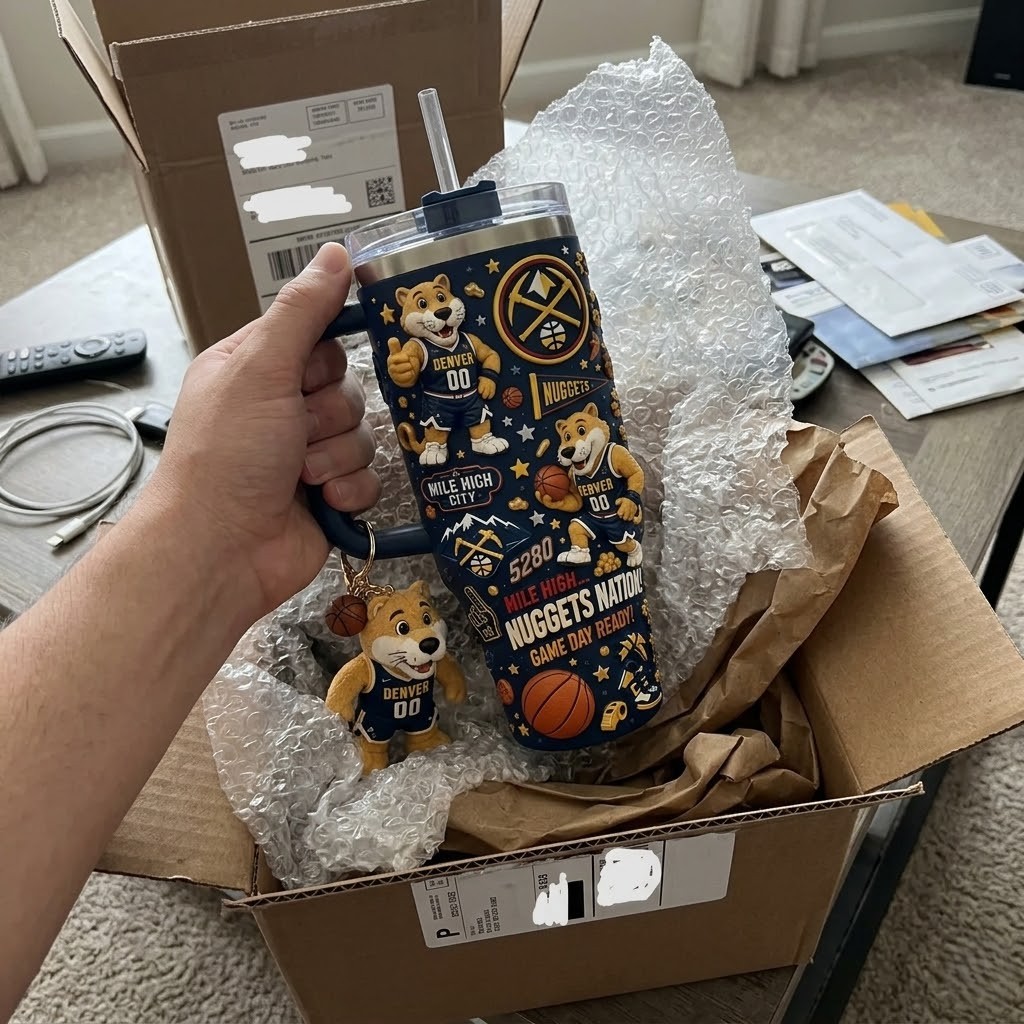 Denver Nuggets Rocky Mascot Mile High City Tumbler - close-up of handle and top design