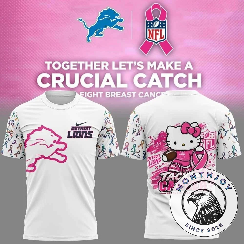 Detroit Lions x Hello Kitty Crucial Catch Breast Cancer Awareness T-Shirt - front and back views with graphics