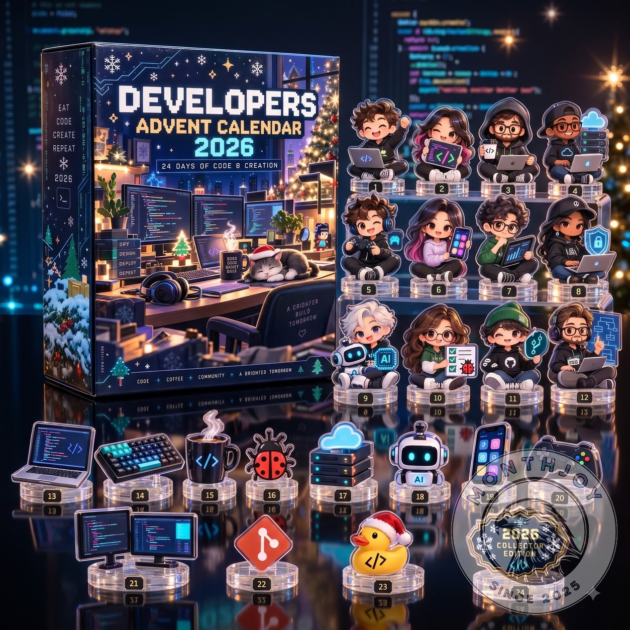 Developers 2026 Advent Calendar - front box and numbered coding character display