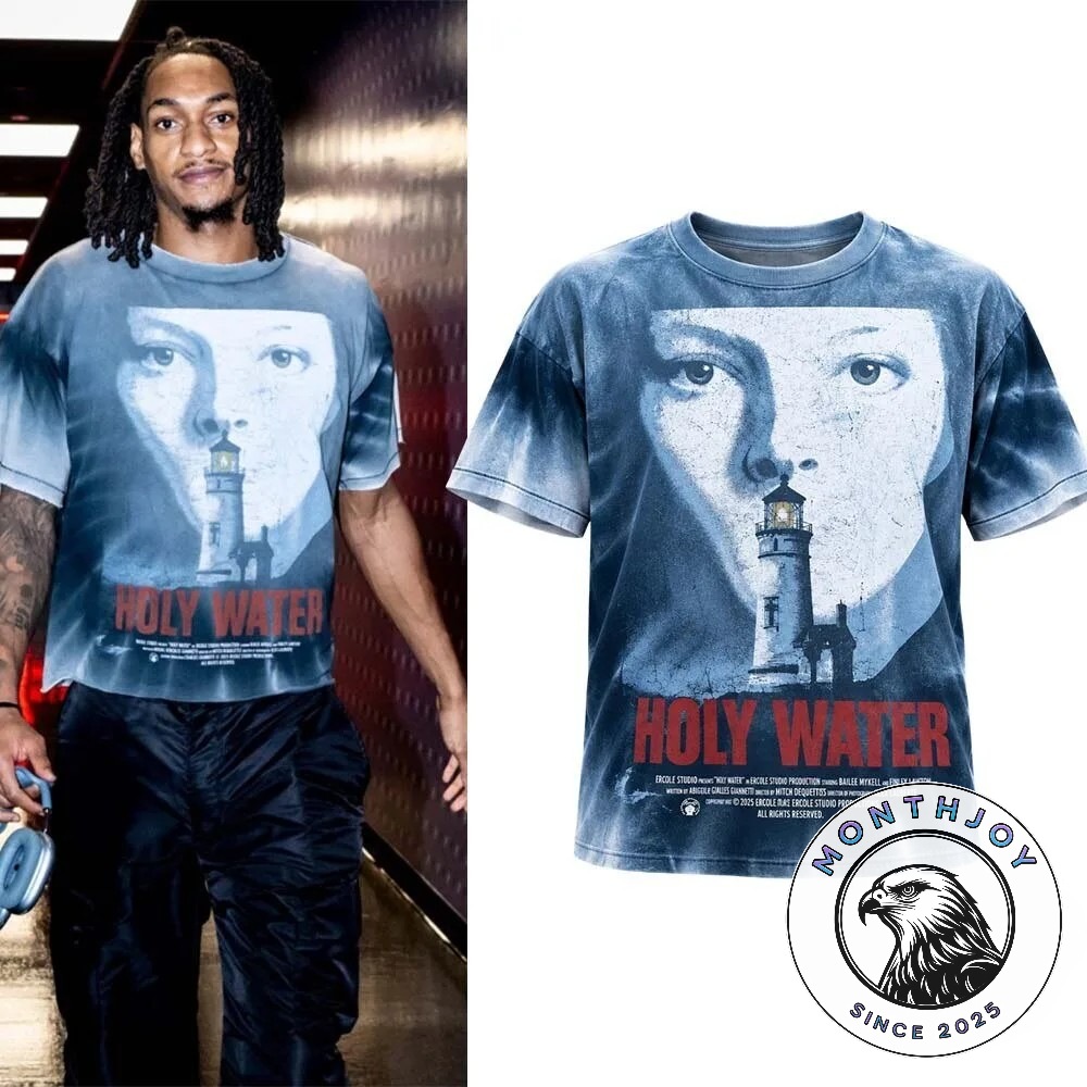 Devin Vassell Holy Water Movie Poster T-Shirt - front view showing portrait and lighthouse graphic