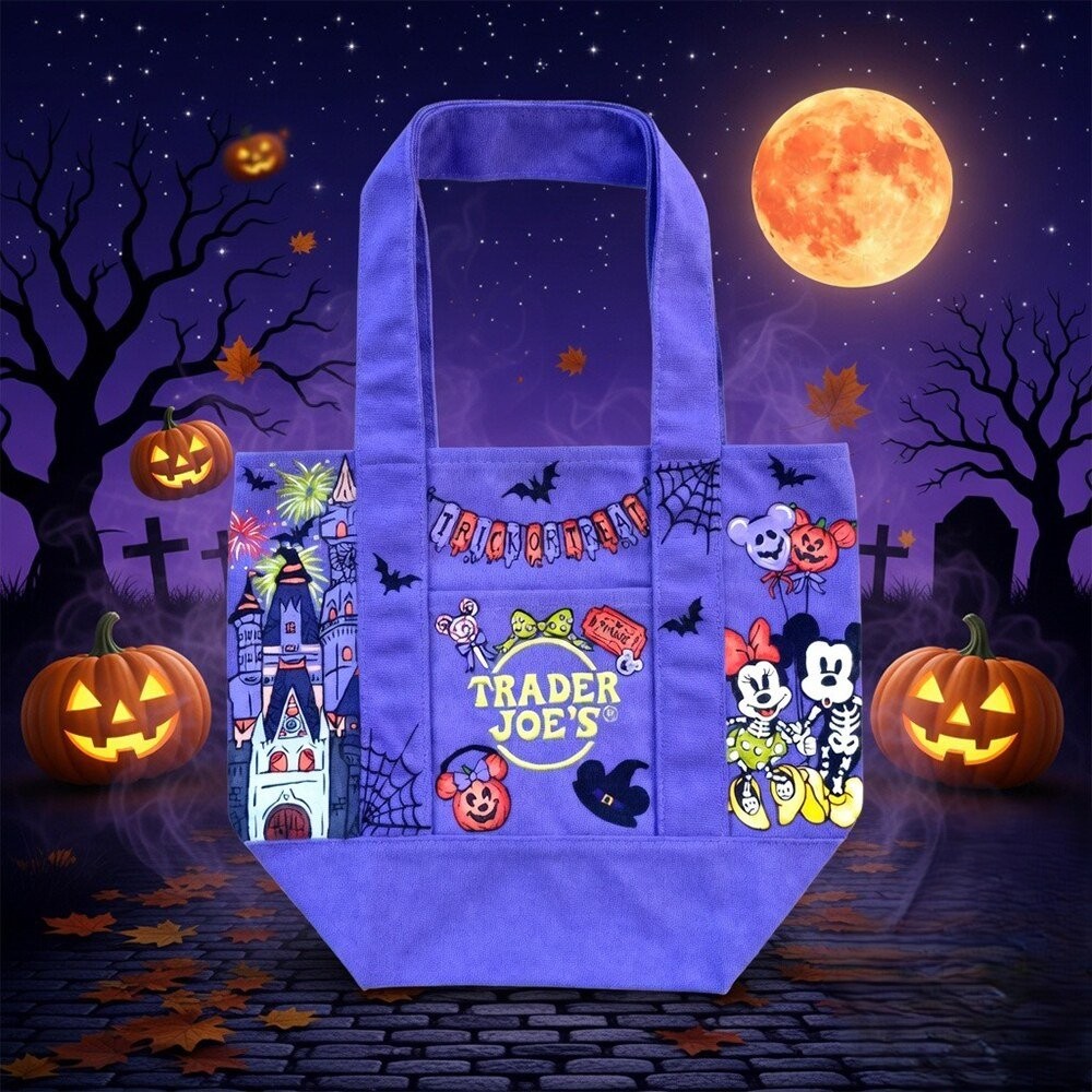 Disney Trader Joe's Halloween Mini Canvas Tote Bag - upper left close-up showing castle, fireworks, and bats