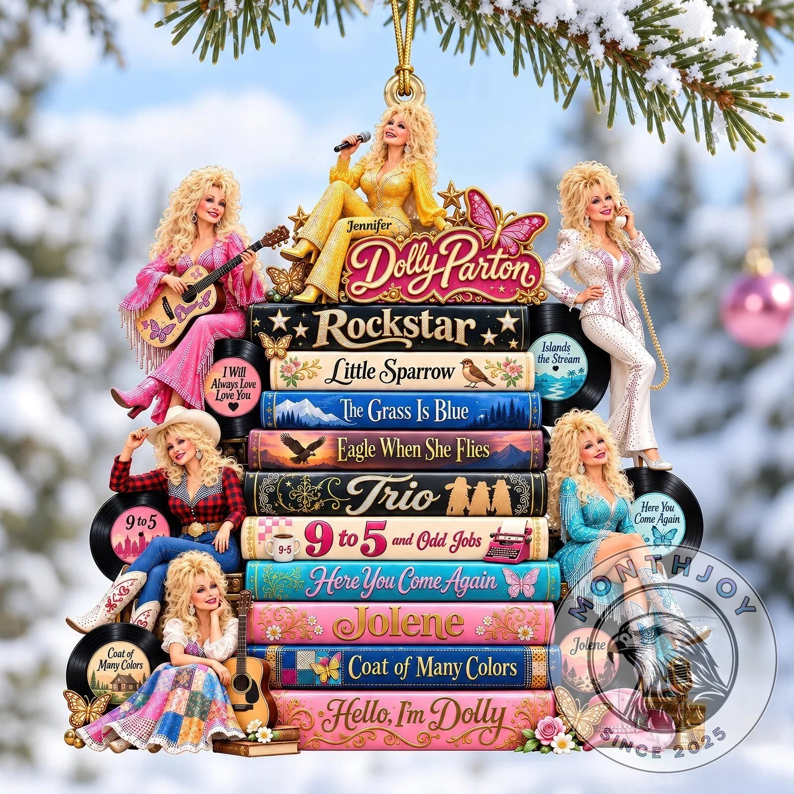 Dolly Parton Music Books and Album Titles Christmas Tree Ornament - front design