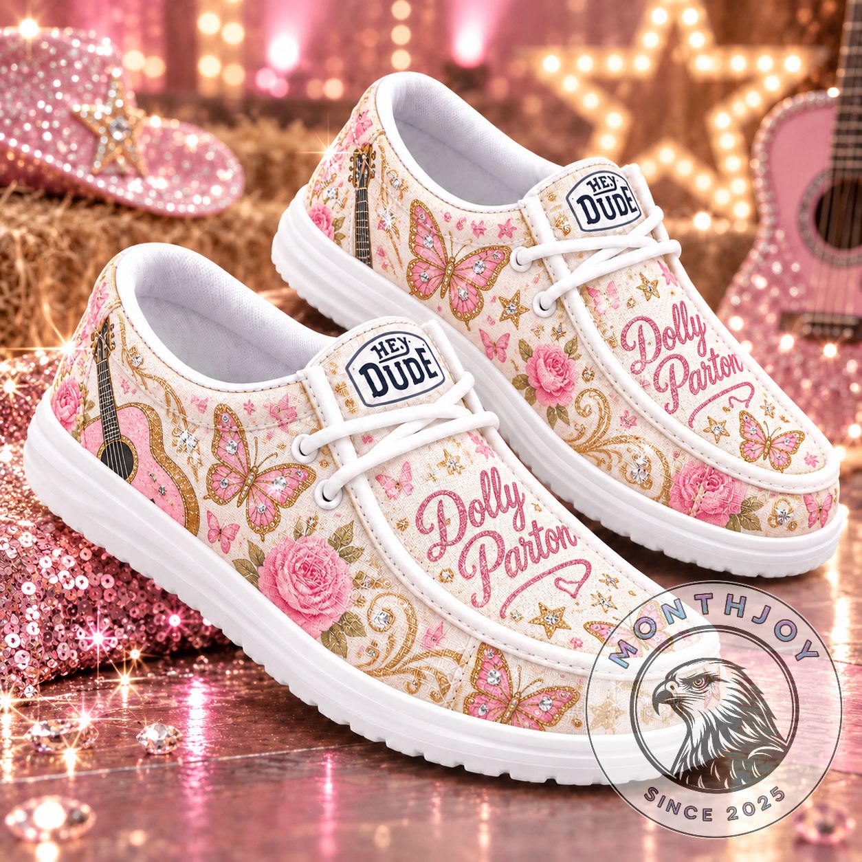 Dolly Parton Pink Floral Country Loafer Shoes - angled view showing both decorated shoes