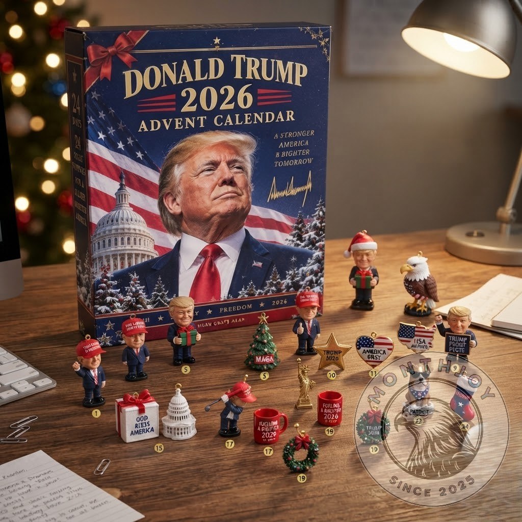 Navy Donald Trump 2026 advent calendar box on a desk with its numbered miniature figures and charms laid out in front of it