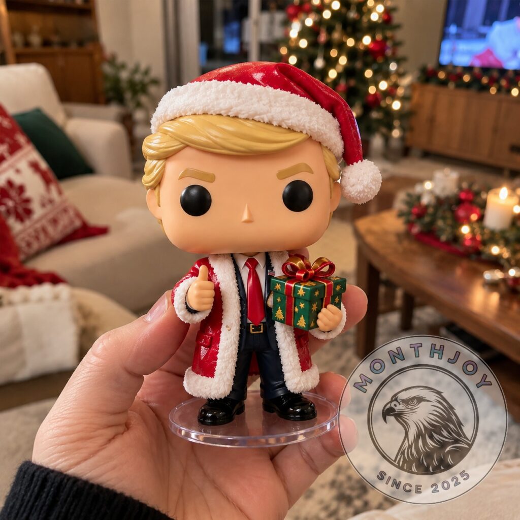 Stylised large-head vinyl figure of Trump in a red Santa coat over a navy suit, giving a thumbs-up and holding a green wrapped gift