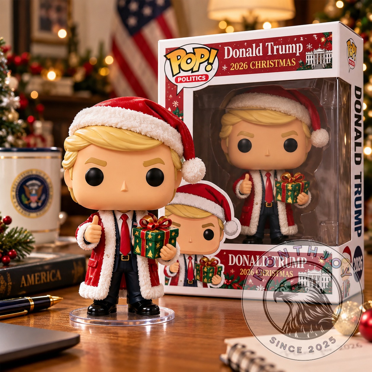 Donald Trump 2026 Christmas Funko Pop - boxed figure with Santa outfit and wrapped present