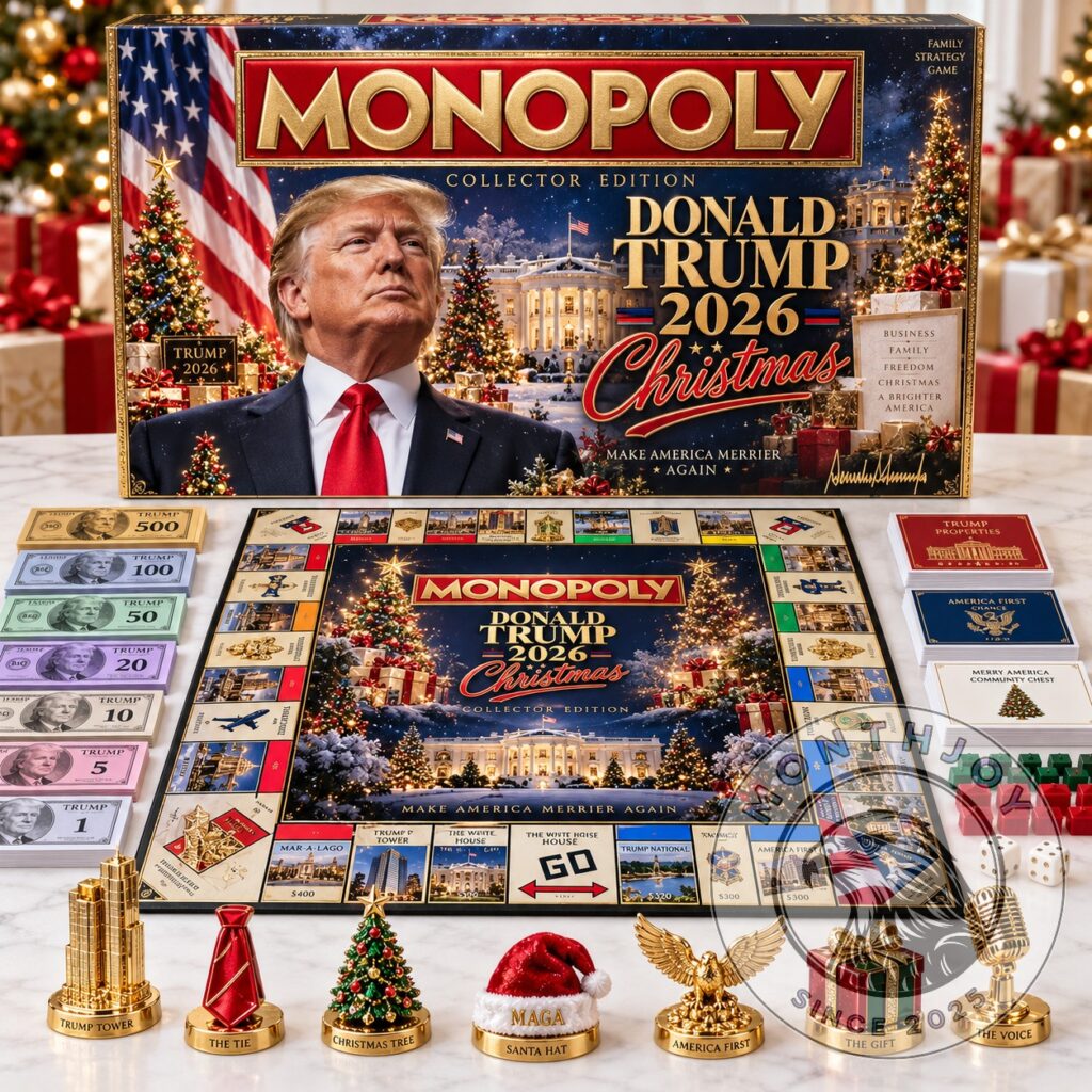 Christmas-themed collector edition board game: box, board, printed currency, three card decks, houses and seven gold playing tokens