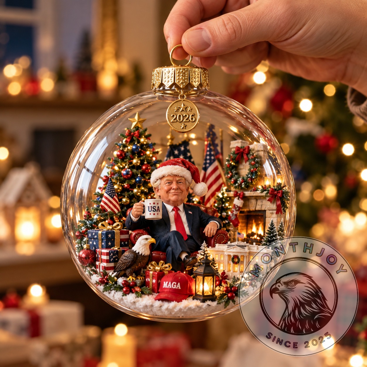 Donald Trump 2026 Christmas Ornament - front view showing Trump and Christmas scene
